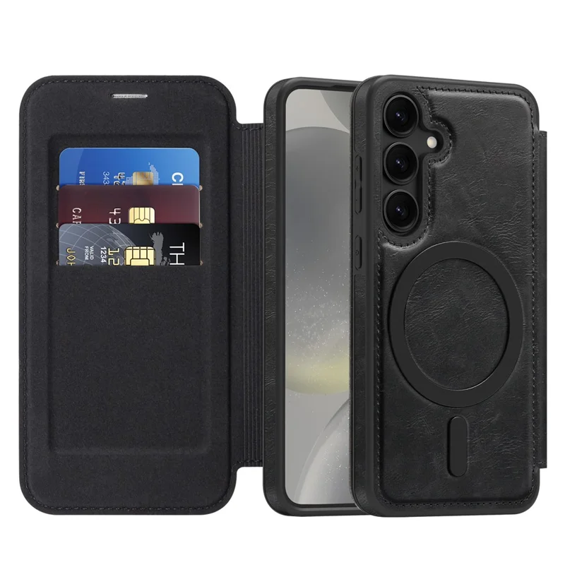 For Samsung Galaxy S24 Magnetic Case RFID Blocking Card Holder Leather Phone Cover - Black