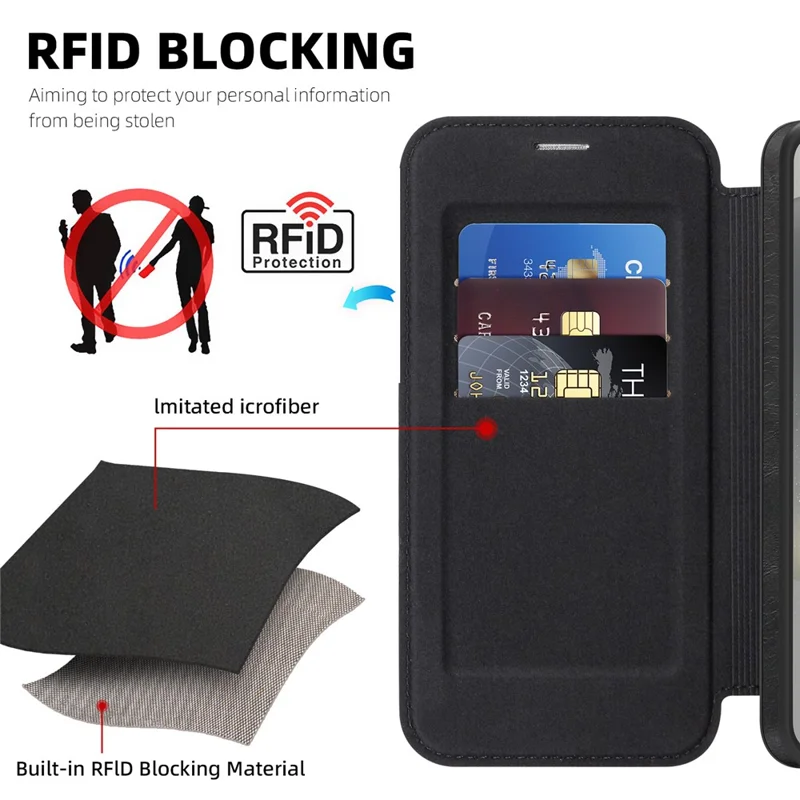 For Samsung Galaxy S24 Magnetic Case RFID Blocking Card Holder Leather Phone Cover - Black