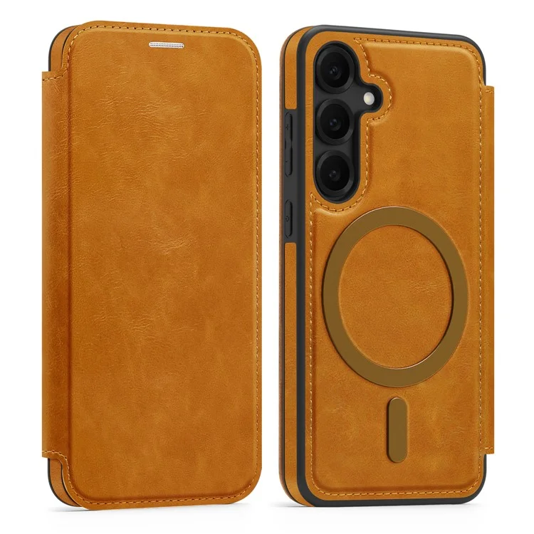For Samsung Galaxy S25 Case Compatible with MagSafe RFID Blocking Card Holder Leather Phone Cover - Brown