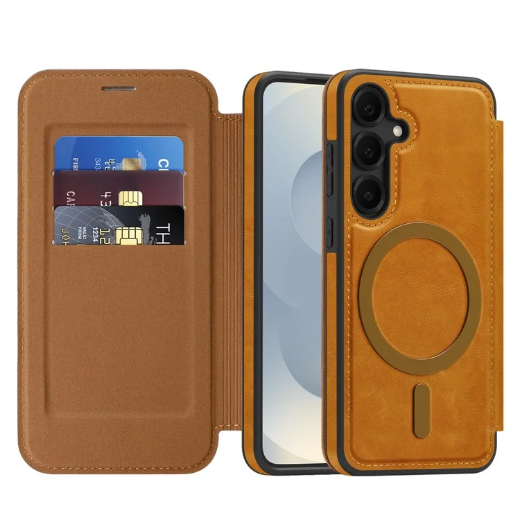 For Samsung Galaxy S25 Case Compatible with MagSafe RFID Blocking Card Holder Leather Phone Cover - Brown