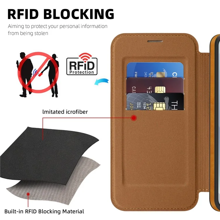 For Samsung Galaxy S25 Case Compatible with MagSafe RFID Blocking Card Holder Leather Phone Cover - Brown
