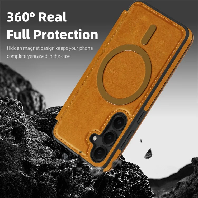 For Samsung Galaxy S25 Case Compatible with MagSafe RFID Blocking Card Holder Leather Phone Cover - Brown