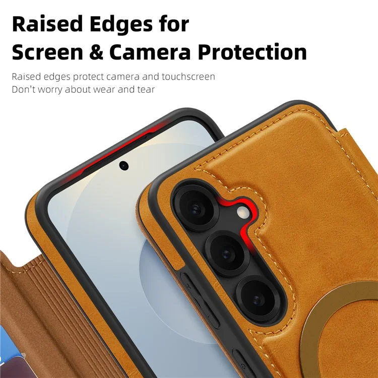 For Samsung Galaxy S25 Case Compatible with MagSafe RFID Blocking Card Holder Leather Phone Cover - Brown