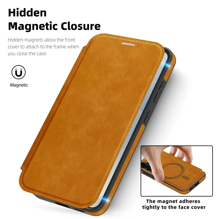 For Samsung Galaxy S25 Case Compatible with MagSafe RFID Blocking Card Holder Leather Phone Cover - Brown