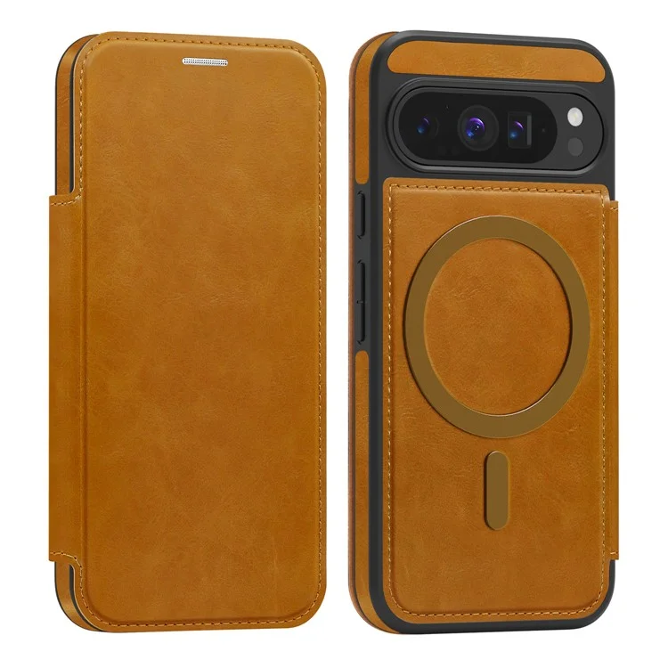 For Google Pixel 9 Pro Case Compatible with MagSafe RFID Blocking Card Holder Leather Phone Cover - Brown
