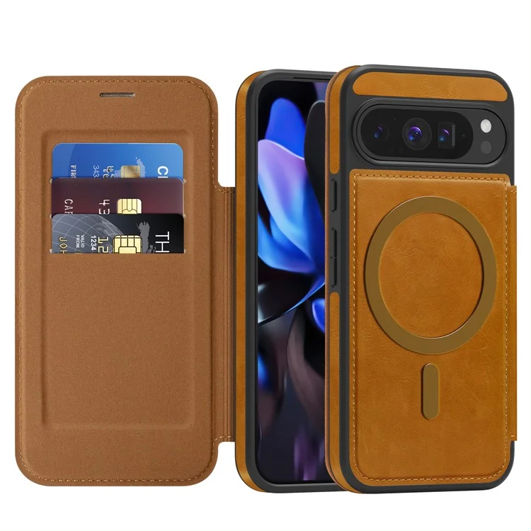 For Google Pixel 9 Pro Case Compatible with MagSafe RFID Blocking Card Holder Leather Phone Cover - Brown