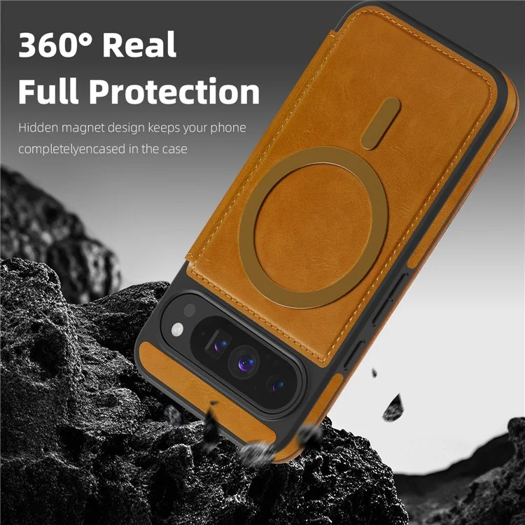 For Google Pixel 9 Pro Case Compatible with MagSafe RFID Blocking Card Holder Leather Phone Cover - Brown
