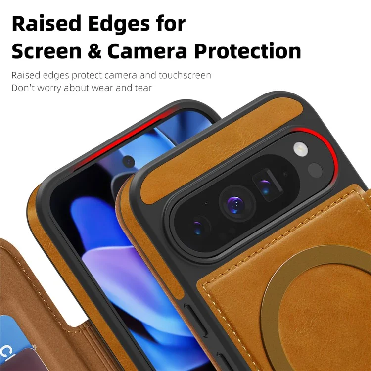 For Google Pixel 9 Pro Case Compatible with MagSafe RFID Blocking Card Holder Leather Phone Cover - Brown
