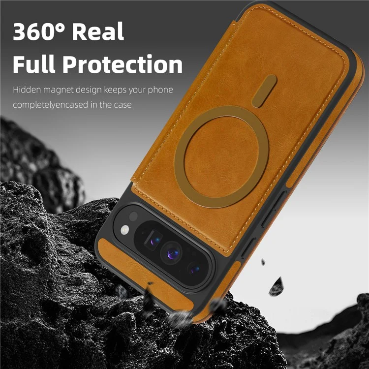 For Google Pixel 9 Pro XL Case Compatible with MagSafe RFID Blocking Card Holder Leather Phone Cover - Brown