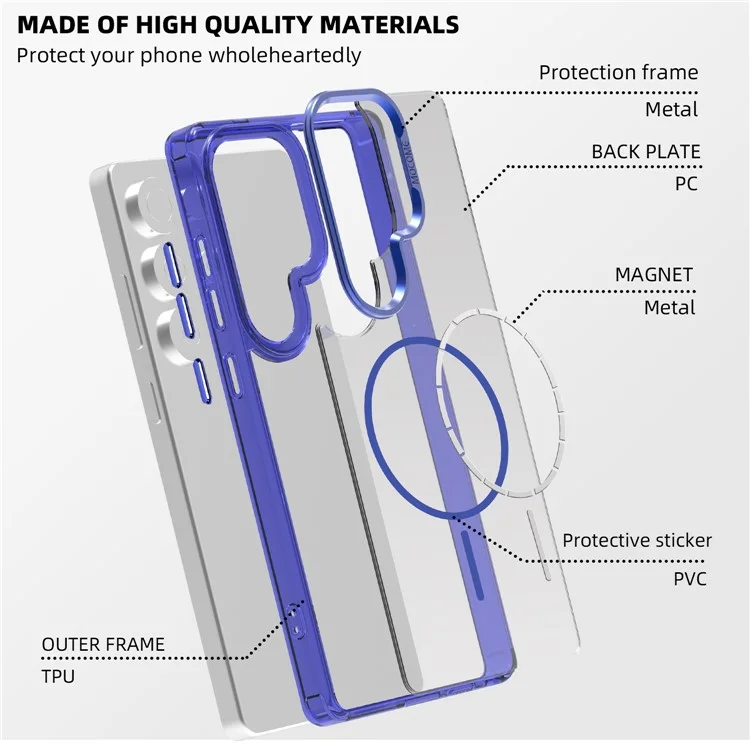 For Samsung Galaxy S25 Ultra Magnetic Case Compatible with MagSafe TPU + PC Phone Cover with Card Bag - Sapphire