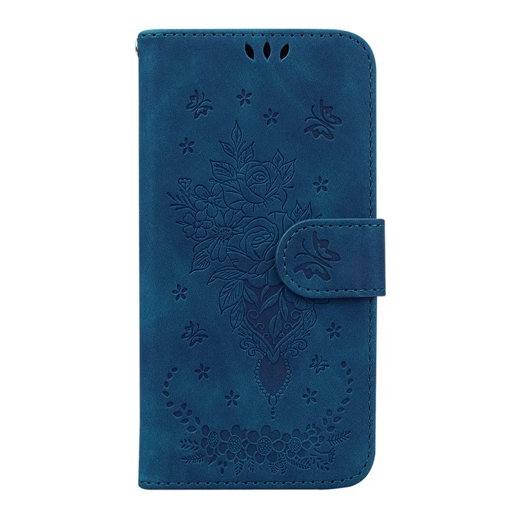 Per Motorola Moto E22 4G / E22i 4G Imprinted Rose Butterfly Wallet Case PU Leather Stand Magnetic Protective Folio Phone Cover with Strap - Blu