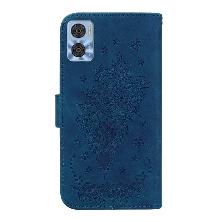 Per Motorola Moto E22 4G / E22i 4G Imprinted Rose Butterfly Wallet Case PU Leather Stand Magnetic Protective Folio Phone Cover with Strap - Blu