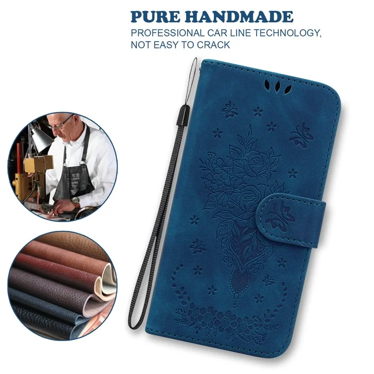 Per Motorola Moto E22 4G / E22i 4G Imprinted Rose Butterfly Wallet Case PU Leather Stand Magnetic Protective Folio Phone Cover with Strap - Blu