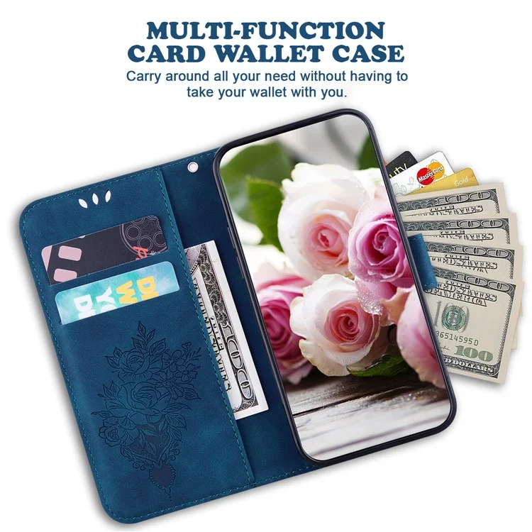 Per Motorola Moto E22 4G / E22i 4G Imprinted Rose Butterfly Wallet Case PU Leather Stand Magnetic Protective Folio Phone Cover with Strap - Blu