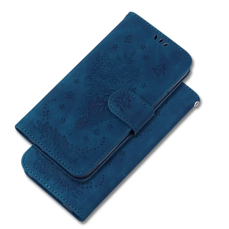 Per Motorola Moto E22 4G / E22i 4G Imprinted Rose Butterfly Wallet Case PU Leather Stand Magnetic Protective Folio Phone Cover with Strap - Blu