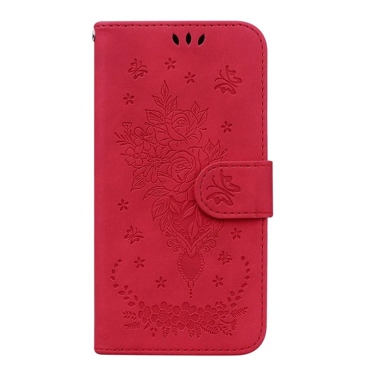 Para Xiaomi Redmi A1 4G / A2 4G Rose Butterfly Imprinted PU Leather Phone Case Stand Feature Magnetic Wallet Phone Cover with Strap - Red