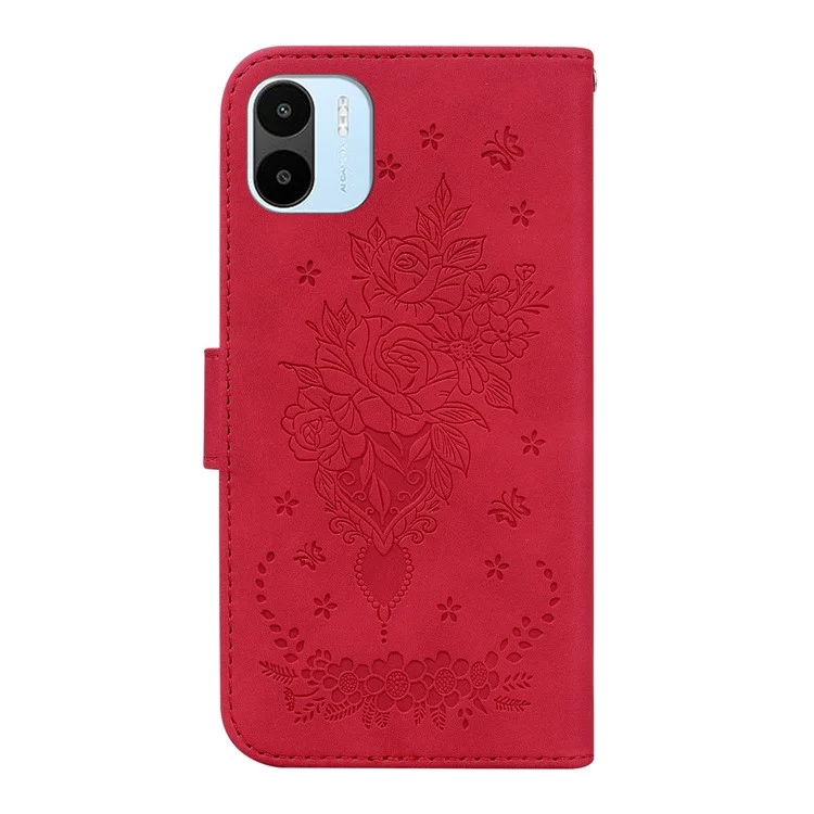 Para Xiaomi Redmi A1 4G / A2 4G Rose Butterfly Imprinted PU Leather Phone Case Stand Feature Magnetic Wallet Phone Cover with Strap - Red