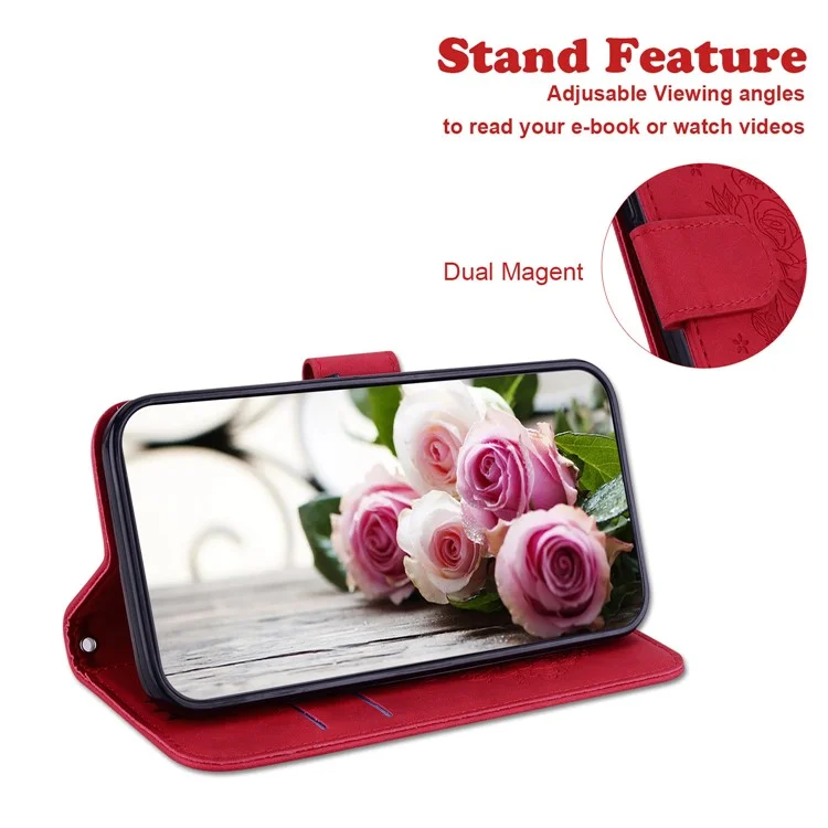 Para Xiaomi Redmi A1 4G / A2 4G Rose Butterfly Imprinted PU Leather Phone Case Stand Feature Magnetic Wallet Phone Cover with Strap - Red