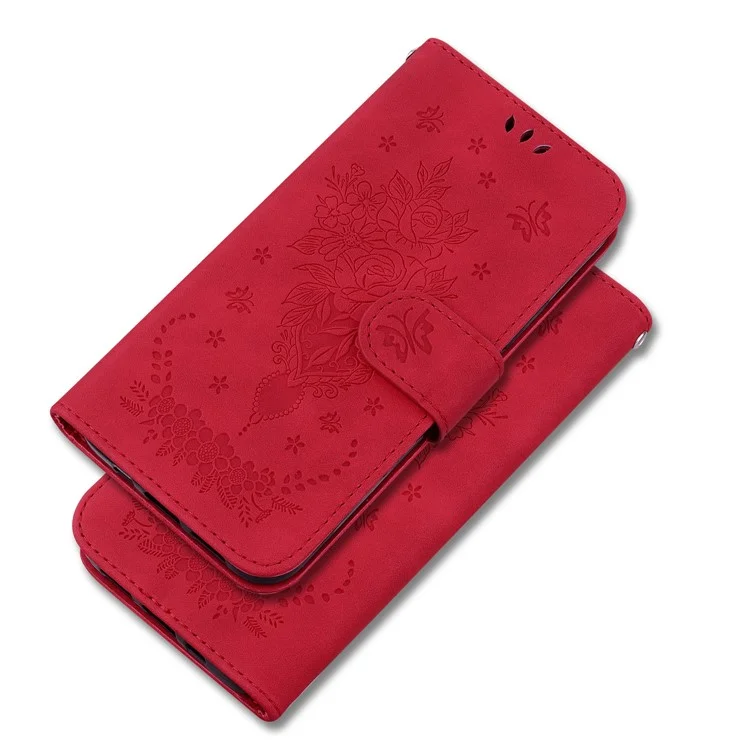 Para Xiaomi Redmi A1 4G / A2 4G Rose Butterfly Imprinted PU Leather Phone Case Stand Feature Magnetic Wallet Phone Cover with Strap - Red