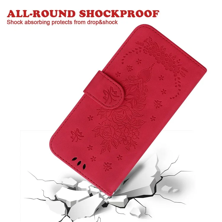 Para Xiaomi Redmi A1 4G / A2 4G Rose Butterfly Imprinted PU Leather Phone Case Stand Feature Magnetic Wallet Phone Cover with Strap - Red