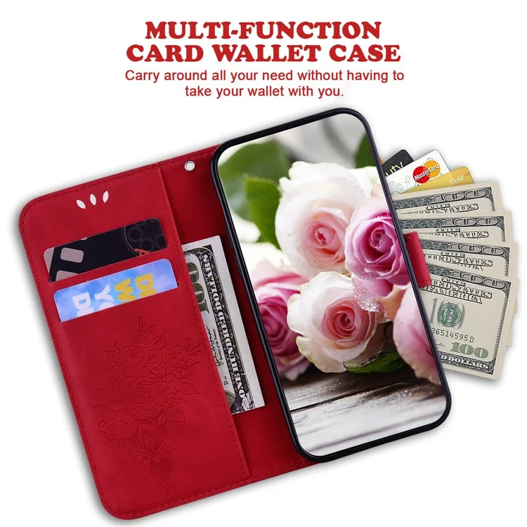 Para Xiaomi Redmi A1 4G / A2 4G Rose Butterfly Imprinted PU Leather Phone Case Stand Feature Magnetic Wallet Phone Cover with Strap - Red