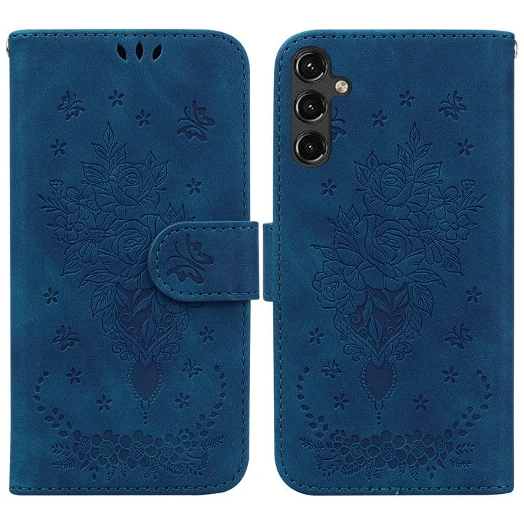 Für Samsung Galaxy A14 5G / A14 4G PU-Leder-Geldbörsen-Handyhülle Rose Butterfly Imprinted Magnetverschluss Ständer Folio Cover mit Gurt - Blau
