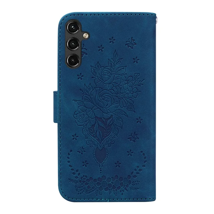 Für Samsung Galaxy A14 5G / A14 4G PU-Leder-Geldbörsen-Handyhülle Rose Butterfly Imprinted Magnetverschluss Ständer Folio Cover mit Gurt - Blau