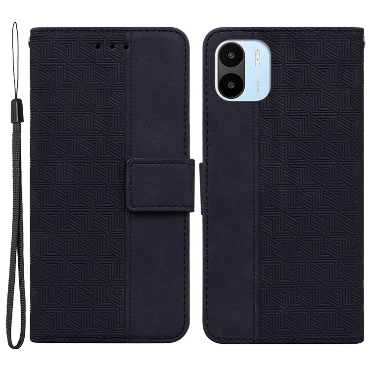 Para Xiaomi Redmi A1 4G / A2 4G Geometría Patrón Estampado Cuero Sintético Soporte Caso Anti-caída Protector Cartera Teléfono Cubierta con Correa - Negro