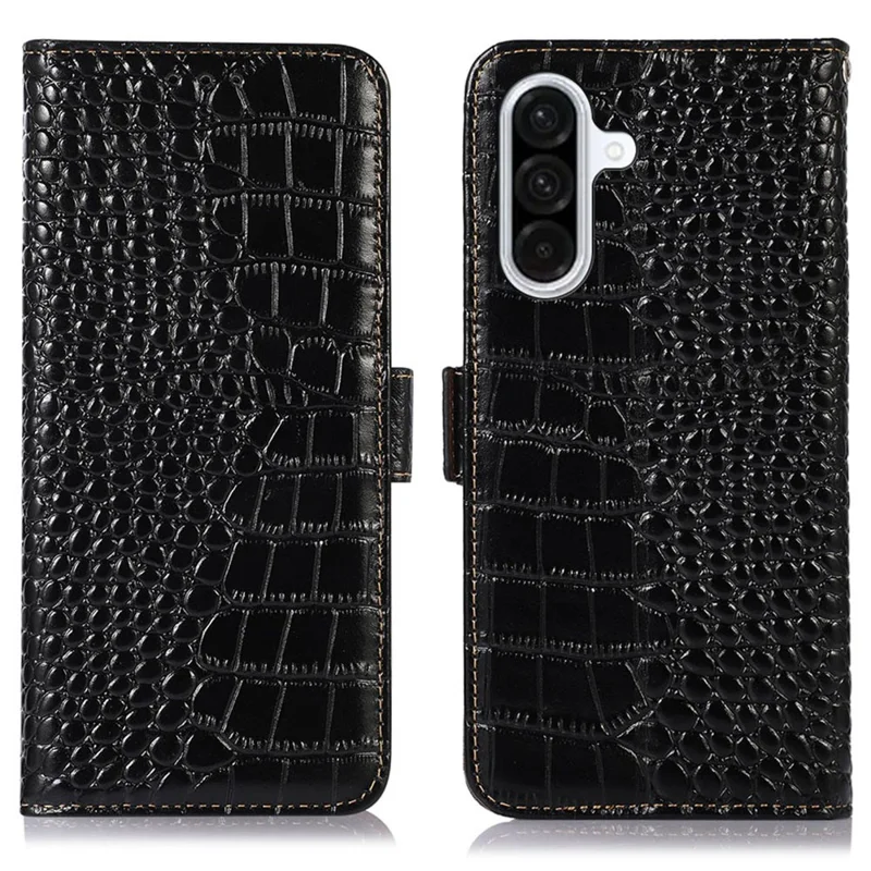 For Samsung Galaxy A17 5G / A17 4G / A26 5G / A16 5G / A16 4G Case Crocodile Texture Genuine Cow Leather Phone Wallet Cover - Black