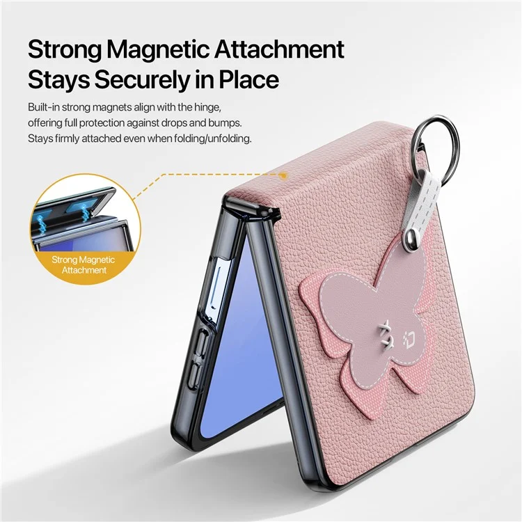 DUX DUCIS Luvy Series Für Samsung Galaxy Z Flip7 5G Hülle PU-Leder + PC Handyhülle mit Ringhalter / Trageband - Rosa Schmetterling