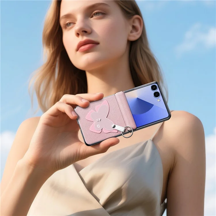 DUX DUCIS Luvy Series Für Samsung Galaxy Z Flip7 5G Hülle PU-Leder + PC Handyhülle mit Ringhalter / Trageband - Rosa Schmetterling
