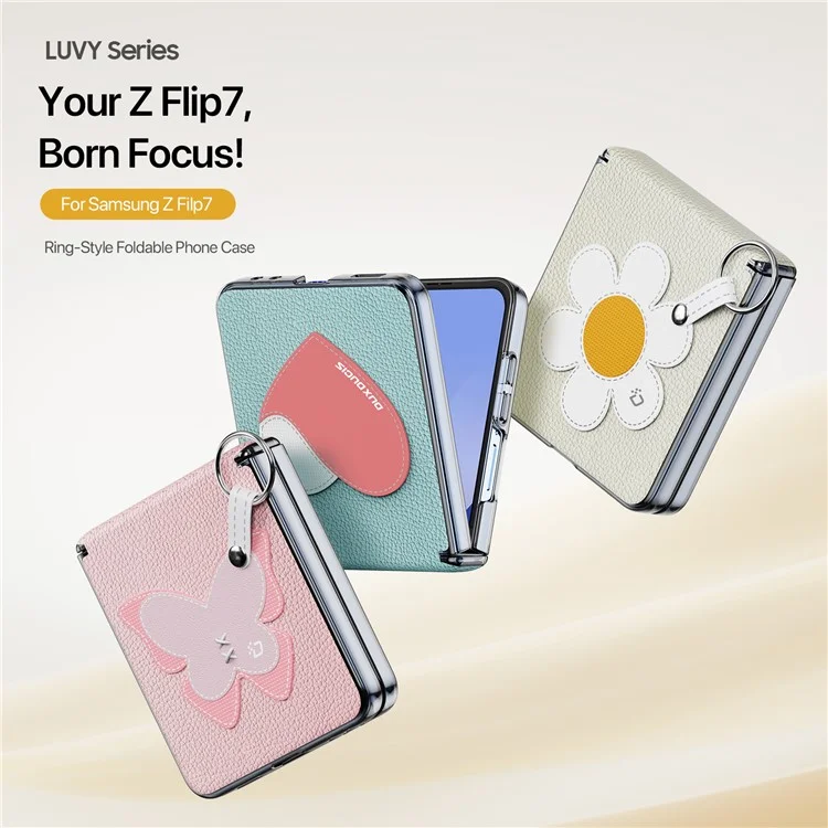 DUX DUCIS Luvy Series Für Samsung Galaxy Z Flip7 5G Hülle PU-Leder + PC Handyhülle mit Ringhalter / Trageband - Rosa Schmetterling