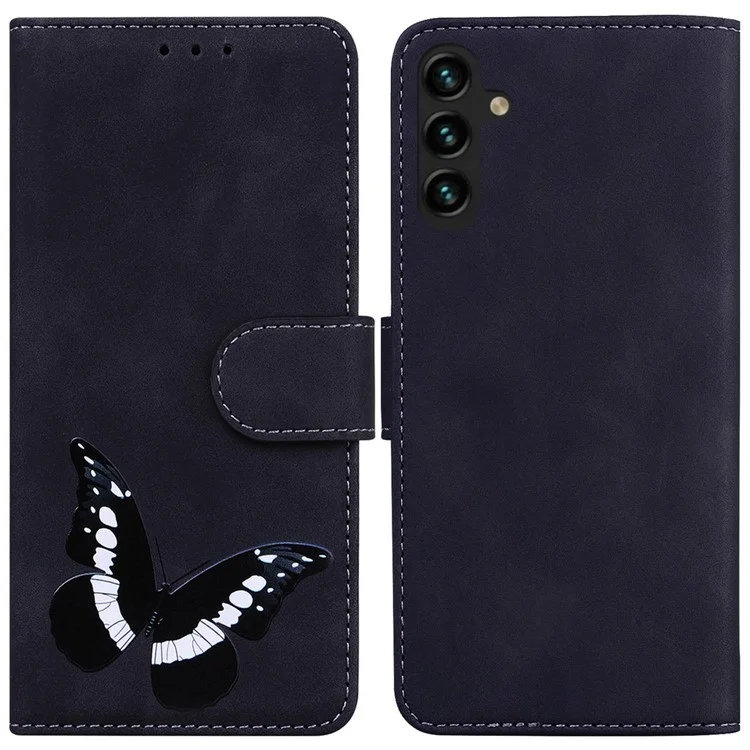 For Samsung Galaxy A14 5G / A14 4G Phone Wallet Case, Butterfly Pattern Printing PU Leather Skin-touch Cover with Stand - Black
