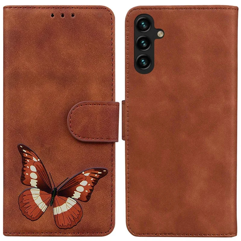 For Samsung Galaxy A14 5G / A14 4G Phone Wallet Case, Butterfly Pattern Printing PU Leather Skin-touch Cover with Stand - Brown