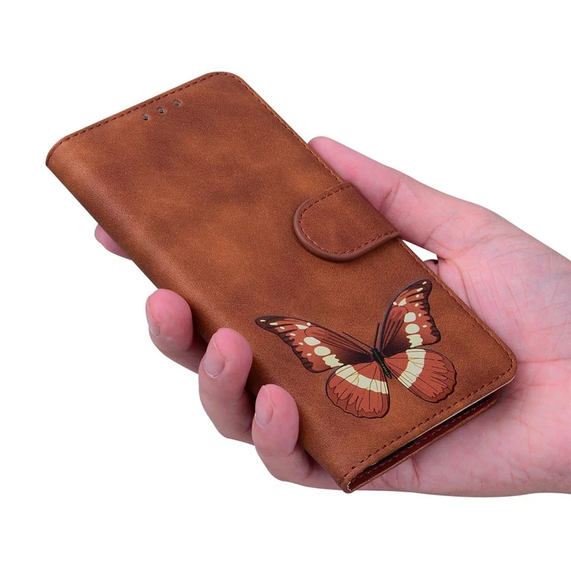 For Samsung Galaxy A14 5G / A14 4G Phone Wallet Case, Butterfly Pattern Printing PU Leather Skin-touch Cover with Stand - Brown