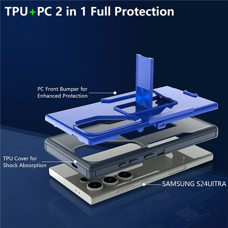 Bulk Purchasing For Samsung Galaxy S24 Ultra Shockproof Case TPU PC Kickstand Phone Cover Support Magnetic Car Mount - Sapphire / Dark Blue