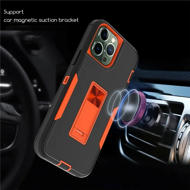 Achat en gros pour étui antichoc iPhone 15 Pro en TPU et PC avec support de béquille, compatible support de téléphone magnétique pour voiture - Noir / Orange