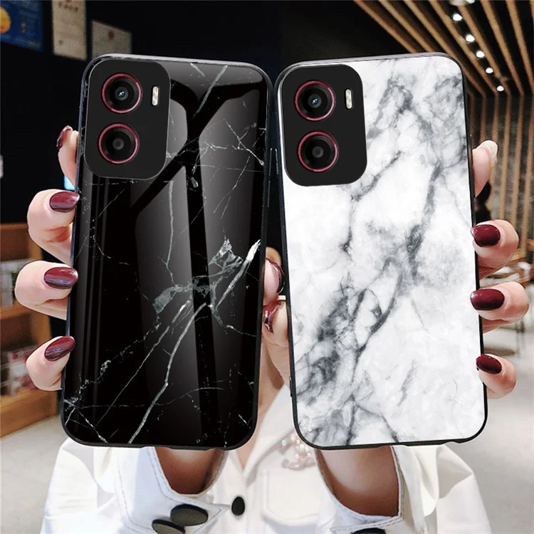 For Motorola Moto G05 4G Case Marble Pattern Tempered Glass + PC + TPU Protective Phone Cover - White Marble