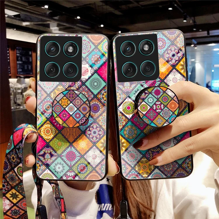 For Motorola Edge 60 Fusion 5G / Edge 60 5G Case Kickstand Ethnic Pattern Tempered Glass Phone Cover with Strap - Color Pattern
