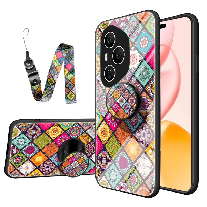 For Honor 400 Pro 5G (Global) Case Kickstand Ethnic Pattern Tempered Glass Phone Cover with Strap - Color Pattern