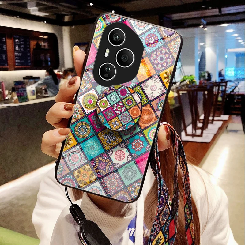 For Honor 400 Pro 5G (Global) Case Kickstand Ethnic Pattern Tempered Glass Phone Cover with Strap - Color Pattern