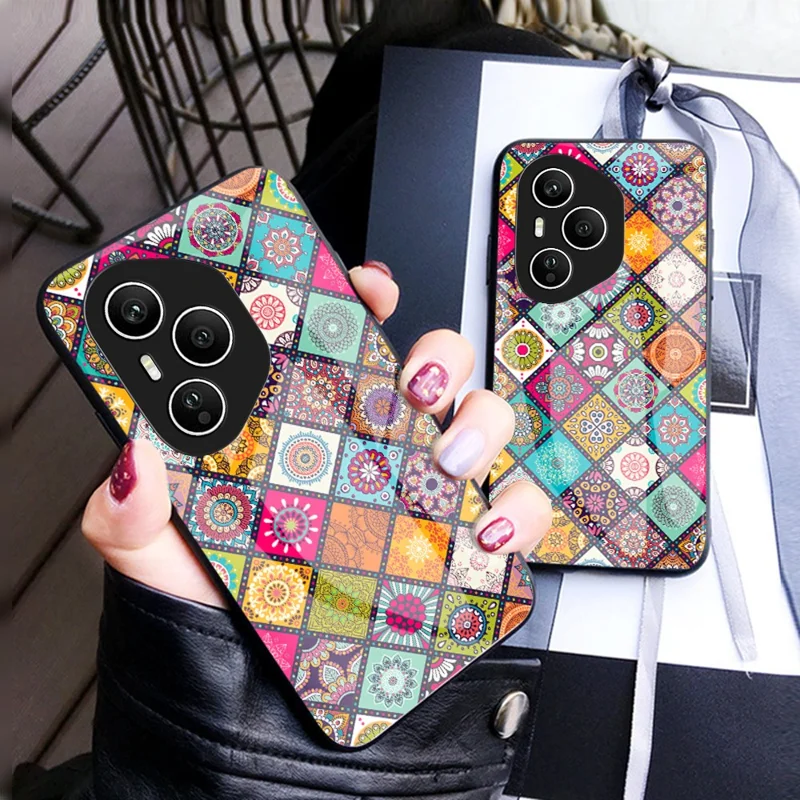For Honor 400 Pro 5G (Global) Case Kickstand Ethnic Pattern Tempered Glass Phone Cover with Strap - Color Pattern