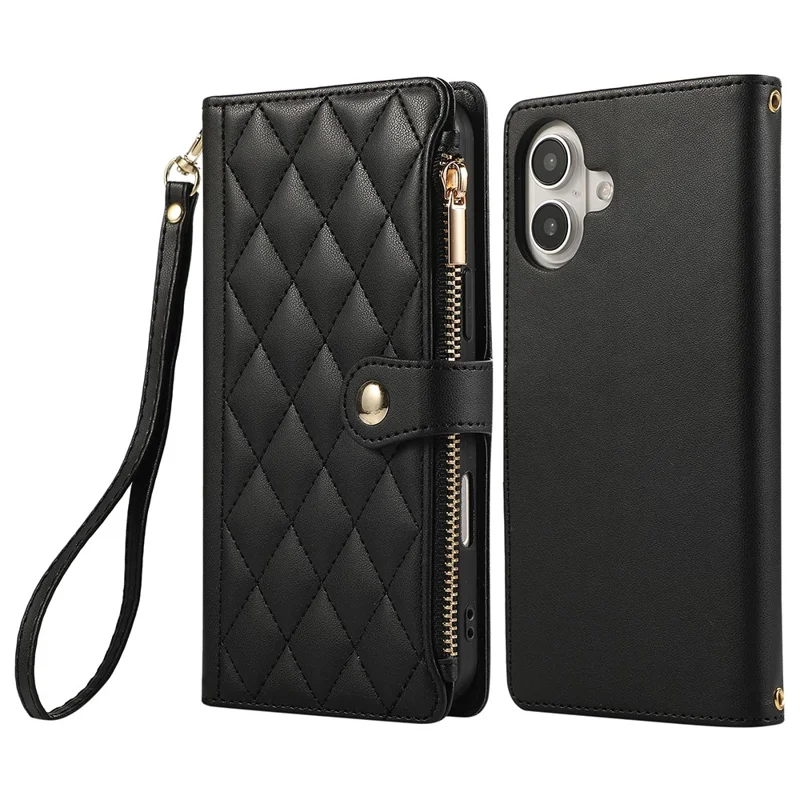 For iPhone 16 Case Multi Card Slots Zipper Rhombus Leather Phone Cover with Wrist Strap - Black