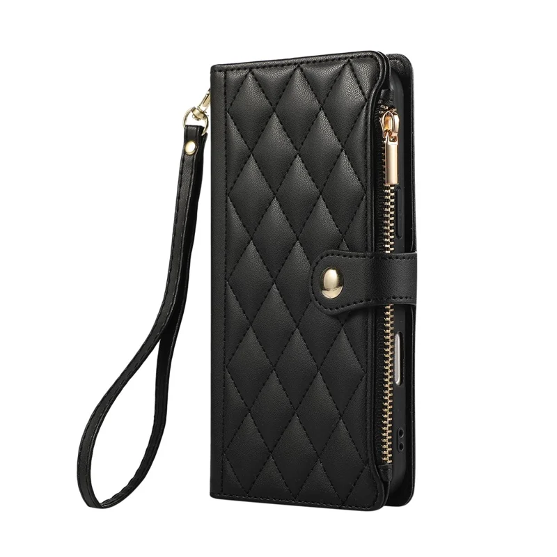 For iPhone 16 Case Multi Card Slots Zipper Rhombus Leather Phone Cover with Wrist Strap - Black