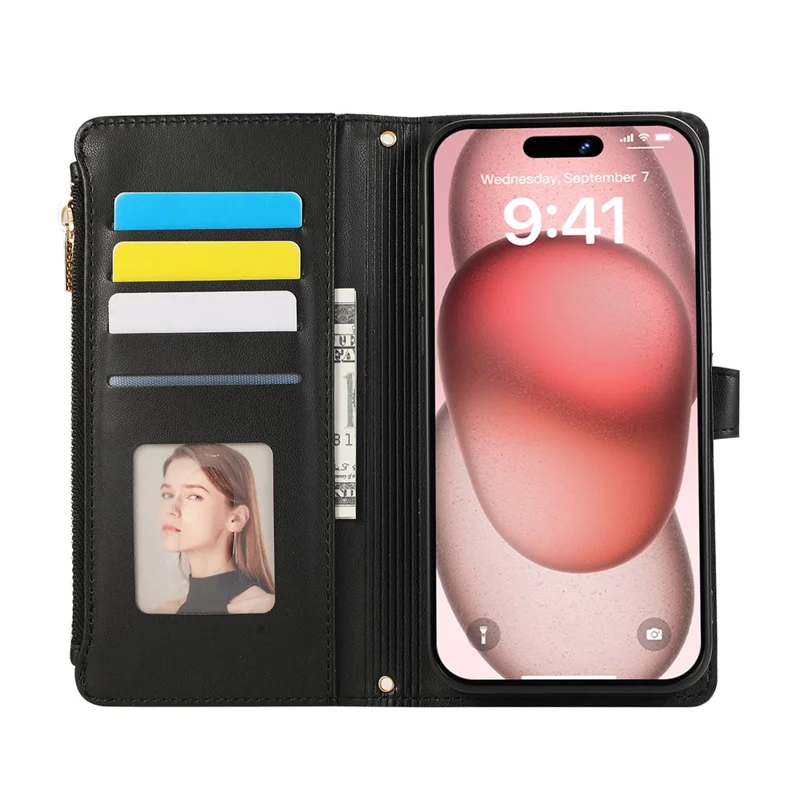 For iPhone 16 Case Multi Card Slots Zipper Rhombus Leather Phone Cover with Wrist Strap - Black