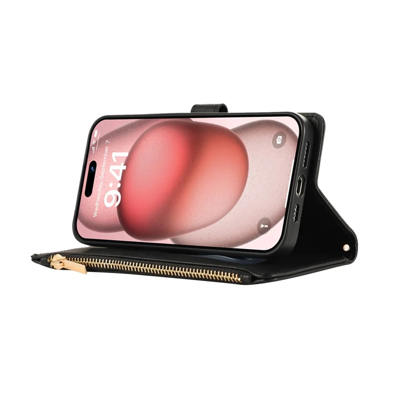 For iPhone 16 Case Multi Card Slots Zipper Rhombus Leather Phone Cover with Wrist Strap - Black