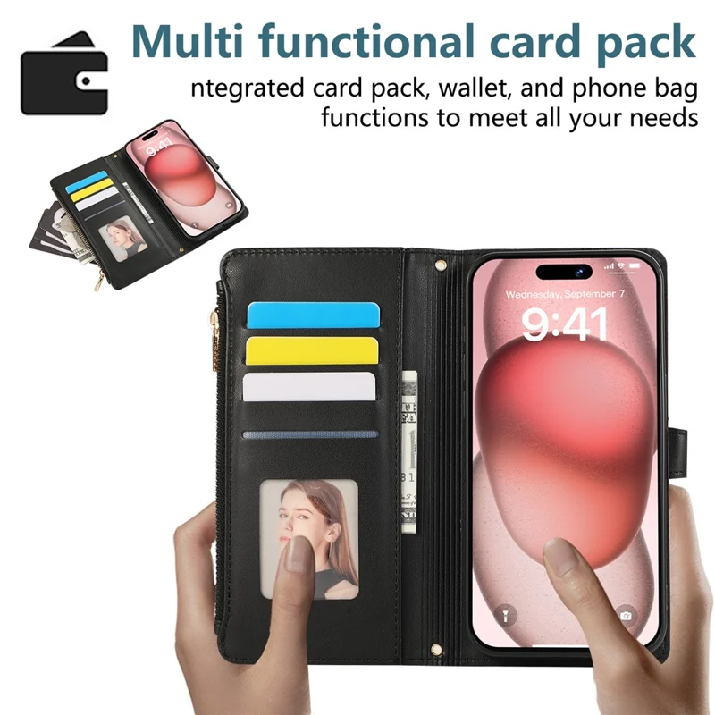 For iPhone 16 Case Multi Card Slots Zipper Rhombus Leather Phone Cover with Wrist Strap - Black