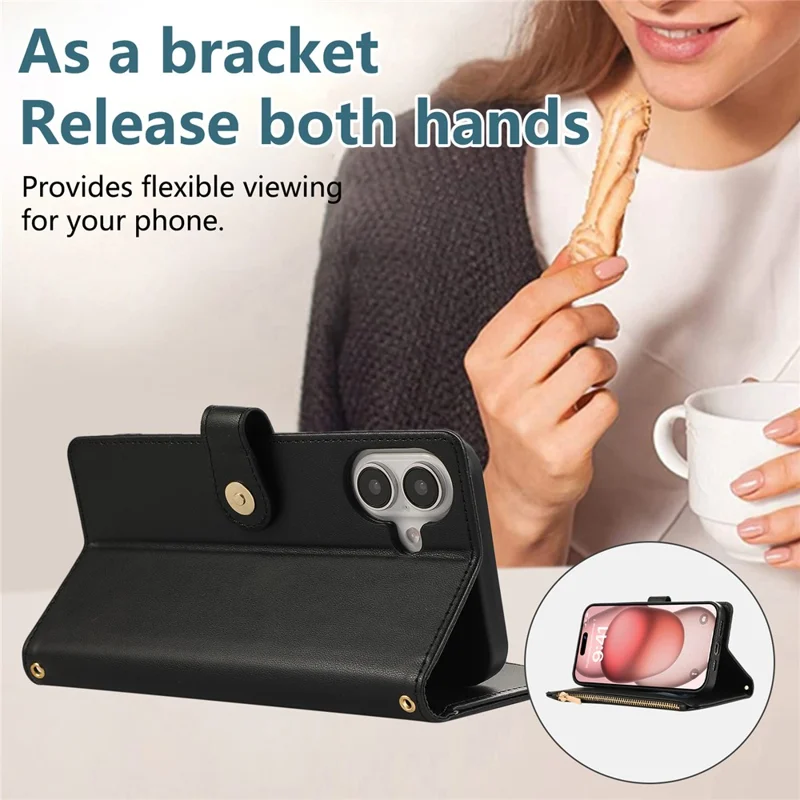 For iPhone 16 Case Multi Card Slots Zipper Rhombus Leather Phone Cover with Wrist Strap - Black