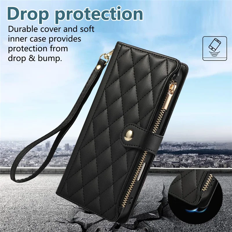 For iPhone 16 Case Multi Card Slots Zipper Rhombus Leather Phone Cover with Wrist Strap - Black