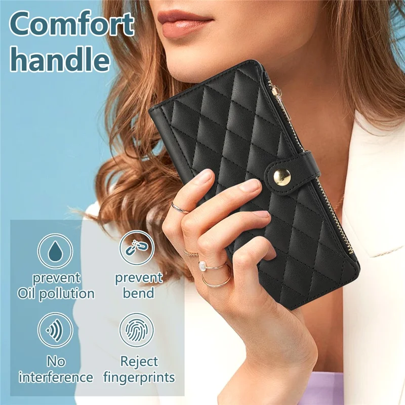 For iPhone 16 Case Multi Card Slots Zipper Rhombus Leather Phone Cover with Wrist Strap - Black